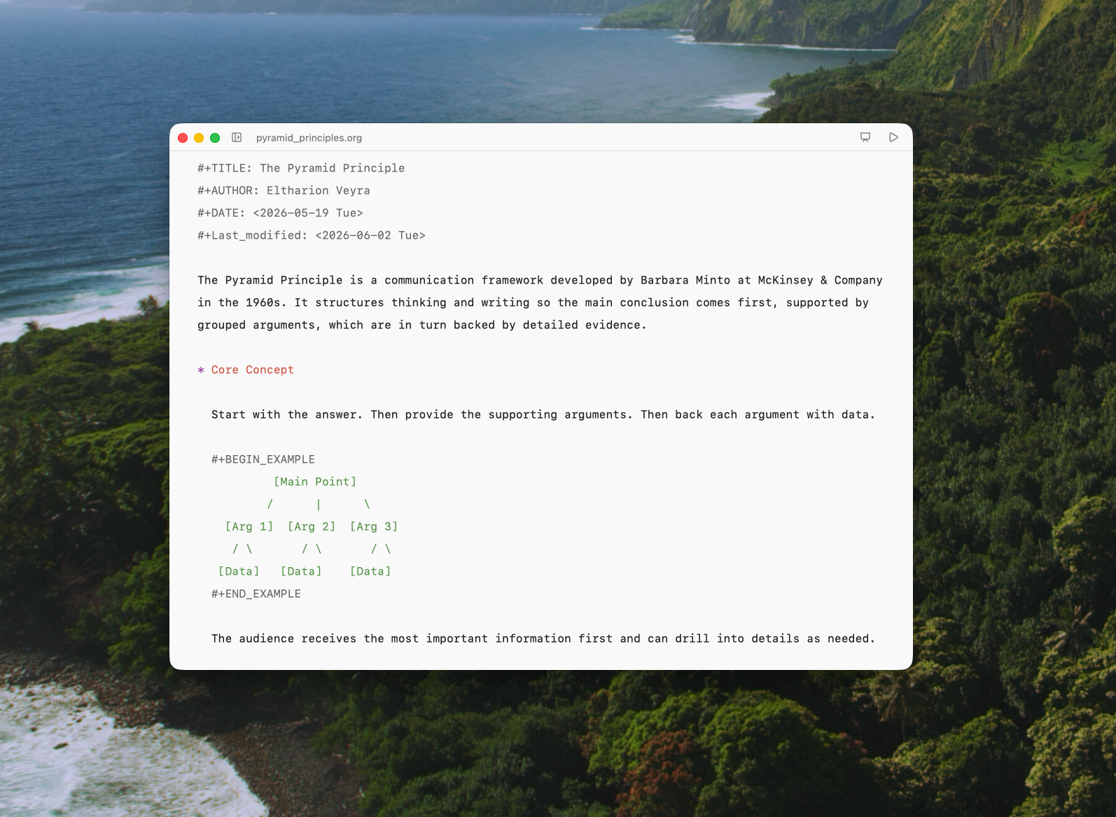 Org-notes editor showing a split editor and preview pane